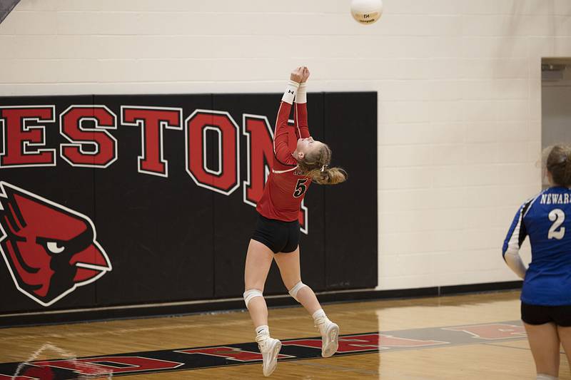 Newark’s Taylor Kruser plays the ball back in the semifinal sectional game Monday, Oct. 31, 2022 against Newman.