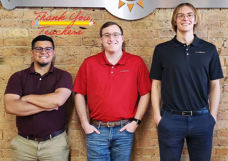 Sundog IT employees (left to right) Tyler Butler, Ben Heinisch and Cole Kelly each started at the DeKalb-based IT company as interns from Kishwaukee College. Sundog hired all three to full-time positions following their internships as the company looks to build on its partnership with Kish.