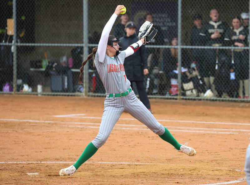 LaSalle-Peru's Brianna Ruppert delivers a pitch Thursday, April 30, 2026, during their game at Sycamore High School.