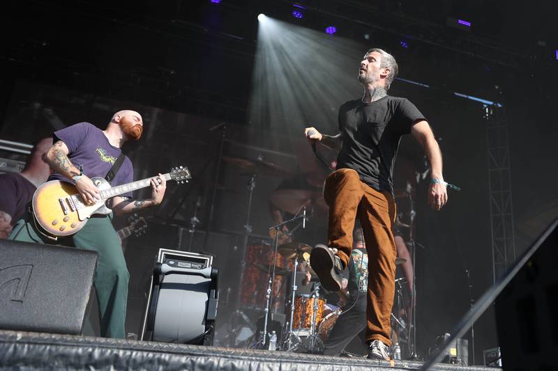 Cory Galusha, left, and Patrick Kindlon of Drug Church perform at Riot Fest on Friday, Sept. 20, 2024 in Chicago.