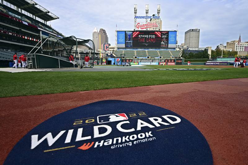 The Cleveland Guardians workout in Cleveland, the day before their a MLB wild card baseball playoff game against the Tampa Bay Rays. (AP Photo/David Dermer)