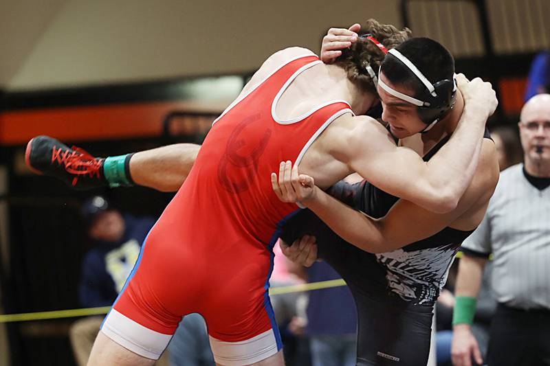 Morrison’s Noah Stout takes down Marengo’s Frankie Solis the 190 pound third place match Saturday, Feb. 14, 2026, during the Class 1A wrestling sectionals in Byron.