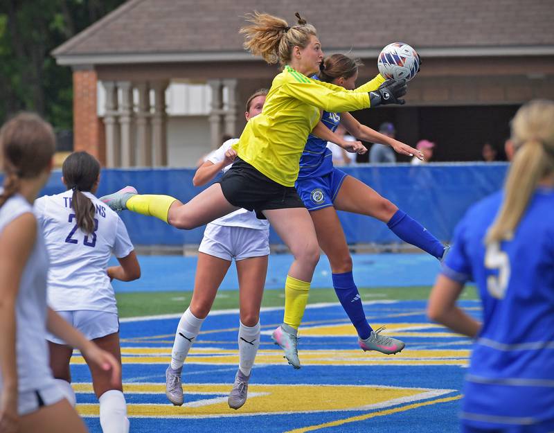 Downers Grove North goalkeeper Kelley Crowley makes one of her many spectacular saves against Lyons Township during the Class 3A Lyons Regional final on May 23, 2026 at Lyons Township High School in LaGrange.