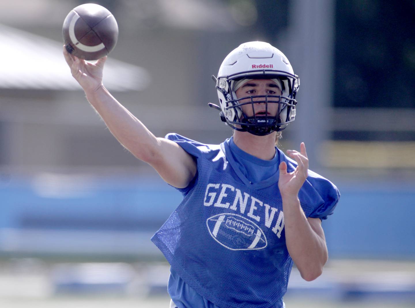 Geneva quarterback Nate Stempowski throws the ball during the first day of practice for the fall season on Monday, Aug. 7, 2023 at the school.