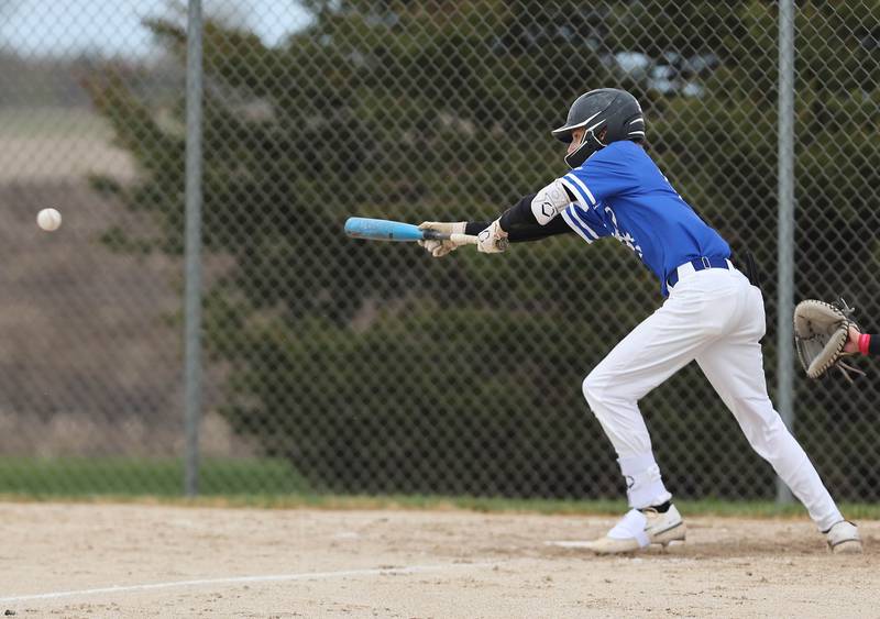 Hinckley-Big Rock's Skyler Janeski gets down a sacrifice bunt during their game Monday, May 1, 2023, at Indian Creek High School in Shabbona.