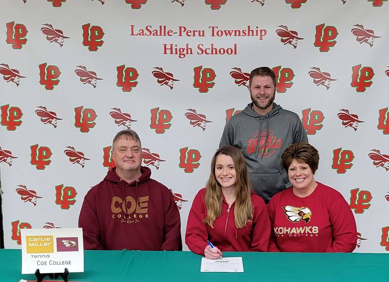 La Salle-Peru senior Carlie Miller (seated, center) committed to play tennis at Coe College. She was joined by her parents (seated), XXXX and XXXX and L-P coach Aaron Guenther. Miller was a two-time NewsTribune Girls Tennis Player of the Year and a three-time state qualifier who finished with a 73-31 record in three seasons as L-P's varsity No. 1 singles player.