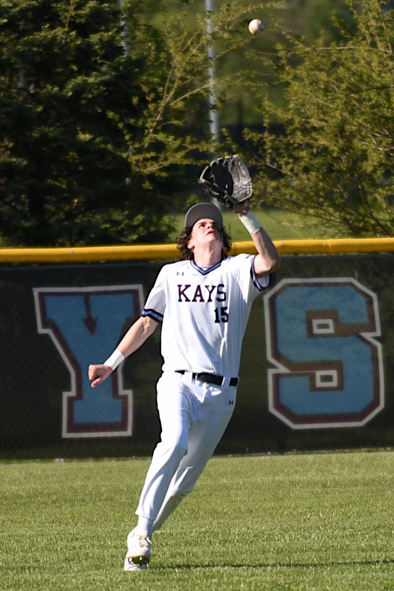 Kankakee's Eli Stipp catches a fly ball during the Kays' home game against Bishop McNamara Friday, May 9, 2025.