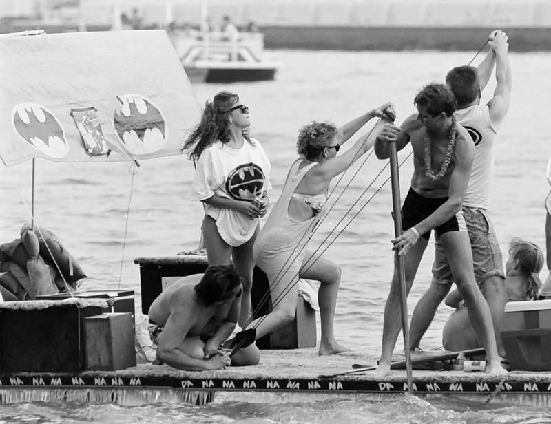 The Anything That Floats races were held from 1978-1986 each year in Peru. Contestants received a free case of Old Style beer upon entering. The rules were simple. To enter, participants needed to build a raft less than 50 feet in length and each person had to have a life jacket on board whether you wore it or not. A rope had to be attached to the raft for towing. Rafts were made from styrofoam, inter tubes or barrels. A minimum of two paddles were required on the float. Rafts were launched at the Starved Rock Boat Ramp and finished at the Peru boat launch area. Over time, the event grew and got to big and out of control that organizers had to scrap it. This photo was found in the La Salle NewsTribune archives.