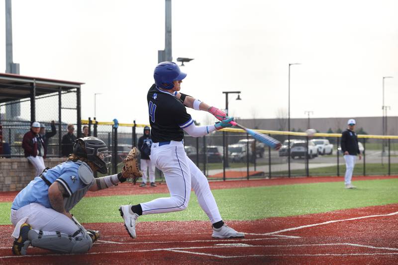 Peotone's Tavin Harshfield connects for a hit during their game against Kankakee on Friday, April 3, 2026.