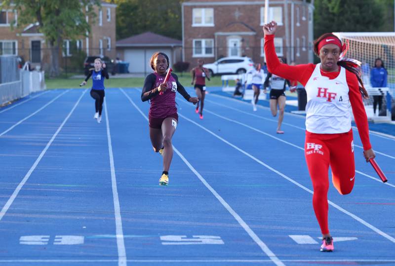 Kankakee's Essence Bell nears the finish line in second place in the 4x200 relay during the IHSA Class 3A Chicago Heights Girls Track and Field Sectional at Bloom High School on Wednesday, May 13, 2026. The Kays finished with a time of 1:39.37 to qualify for state.
