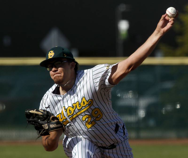 Crystal Lake South's Devin De Loach throws a pitch during a Fox Valley Conference baseball game against Prairie Ridge on Friday, May 15, 2026, at Crystal Lake South High School.