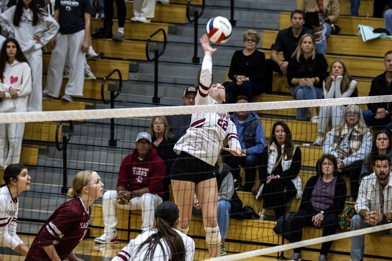 Plainfield North's Lindey Balsano goes up for a kill during the 4A L-W Central Regional varsity volleyball game against Lockport at Lincoln-Way Central on Oct. 30, 2025.