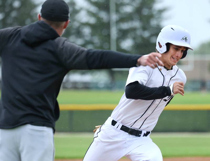 Kaneland's Aidan Whildin rounds third on his way to scoring Tuesday, May 12, 2026, during their game against La Salle-Peru at Kaneland High School in Maple Park.