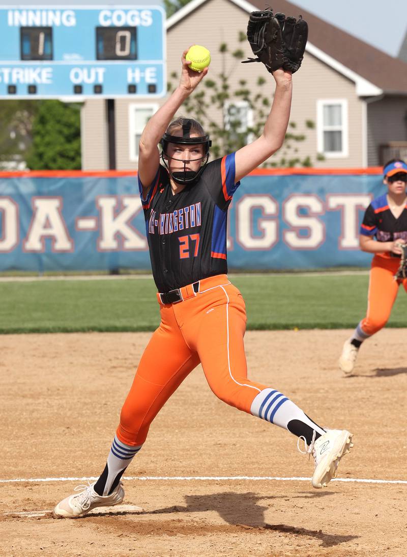 Genoa-Kingston's Bryce Boylen delivers a pitch during their Class 2A Regional quarter final game against Rockford Lutheran Monday, May 15, 2023, at Genoa-Kingston High School.