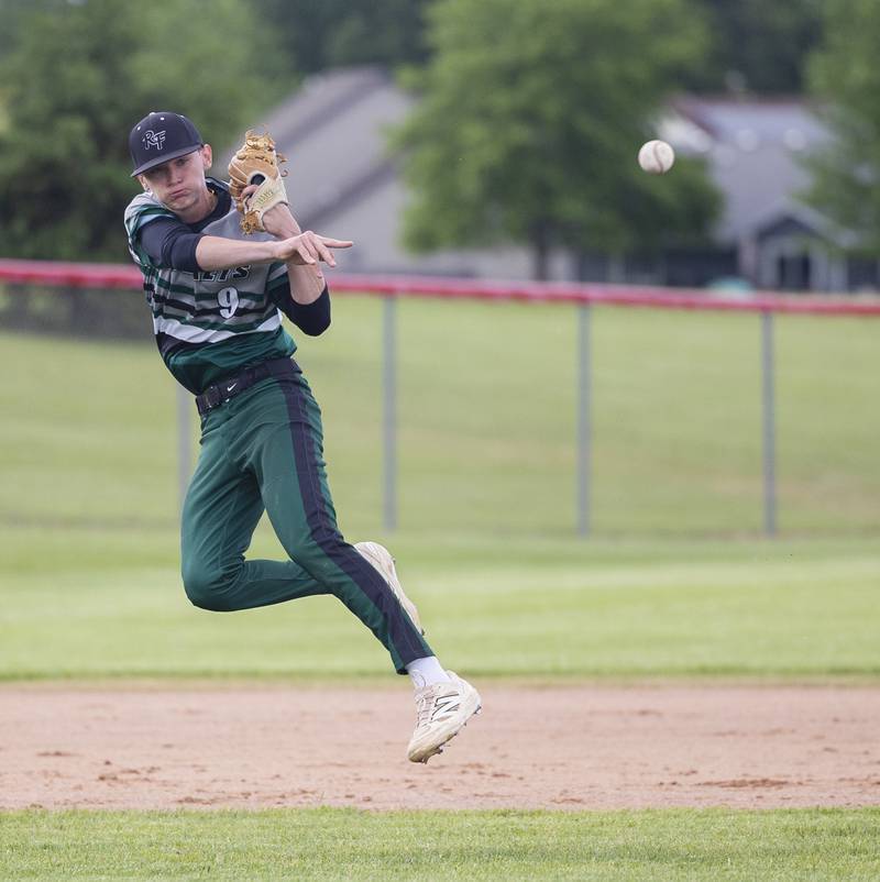Rock Falls’ Connor Fritz fires an off balance thrown to first against Oregon in the Stillman Valley Class 2A Regional semifinal Thursday, May 22, 2025.