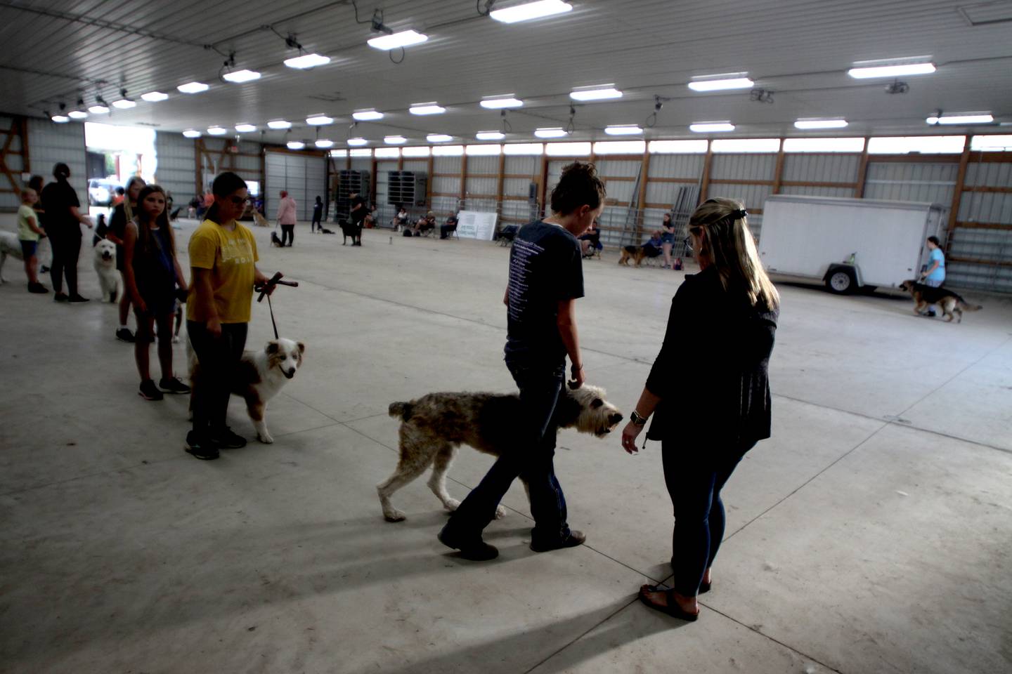 Volunteer instructor Emily Chrisos, right, guides owners and their dogs through training at the McHenry County Fairgrounds on July 13, 2022.