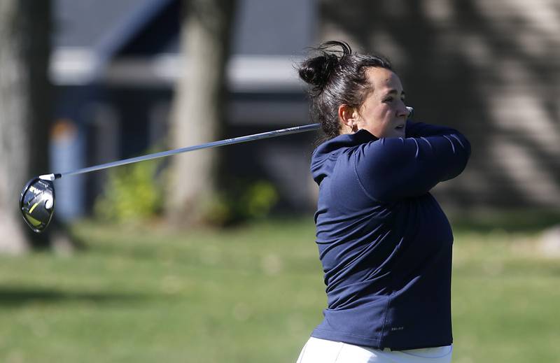 Sterling’s Emily Schwingle watches her tee shot on the second hole during the IHSA Class 2A Huntley Girls Golf Regional on Tuesday, Oct. 1, 2024, at Pinecrest Golf Club in Huntley.