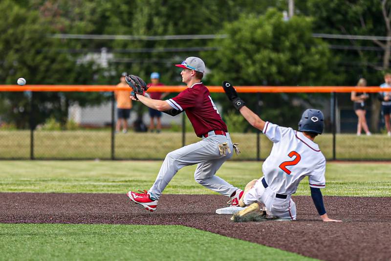 Plainfield North's Tyler Evans (4) takes the throw at second to recor the out during Class 4A Romeoville Sectional semifinal game between Plainfield North at Oswego.  June 1, 2023.
