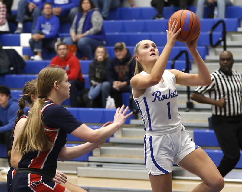 Burlington Central's Kenzie Andersen drives to the basket against Belvidere North on Monday, Nov. 13, 2023, during pool play girls basketball game in the Burlington Central Mark Einwich Tournament.