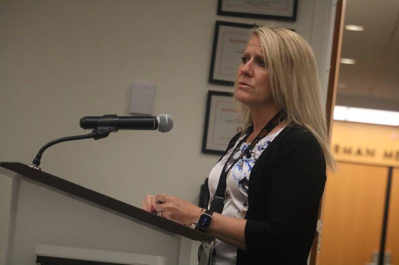 Tammy Carson, DeKalb District 428's director of facility and safety operations, delivers a report to the DeKalb Planning and Zoning Commission during its May 15, 2023, meeting.