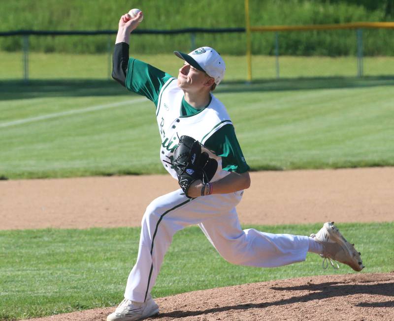 St. Bede pitcher Alex Ankiewcz lets go of a throw to Princeville during the Class 1A Regional semifinal game on Friday, May 17, 2024 at St. Bede Academy.