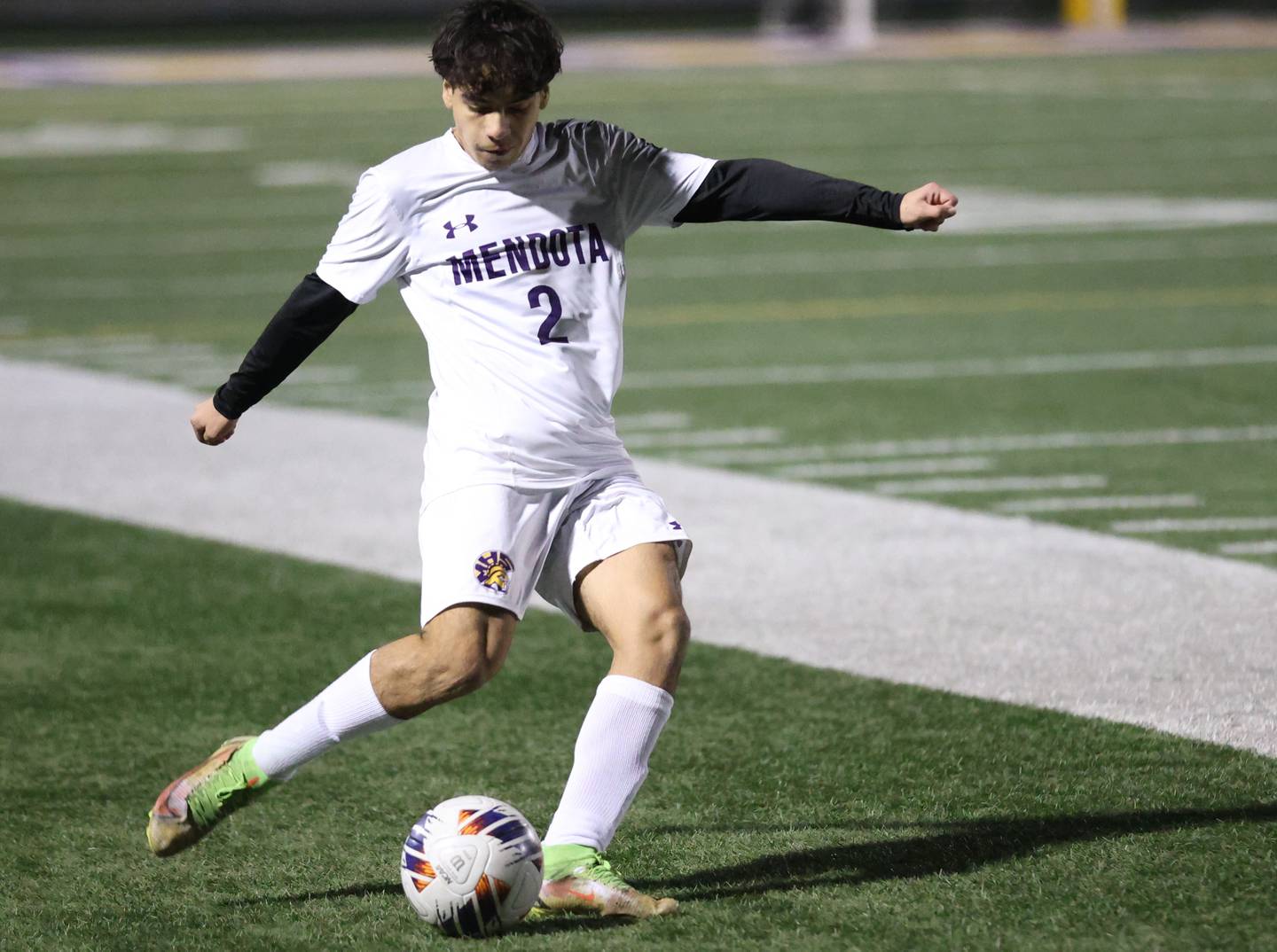 Mendota's Angel Orozco kicks the ball toward the Quincy Notre Dame goal during the Class 1A Supersectional game on Monday, Nov. 3, 2025 at Mendota High School.