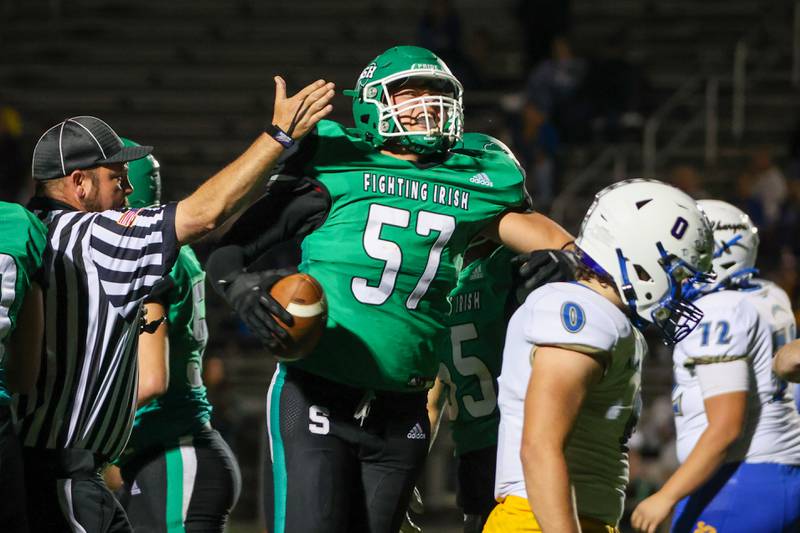 Zeb Maxwell of Seneca celebrates with football on Friday, September 27, 2024 at Seneca high school in Seneca.