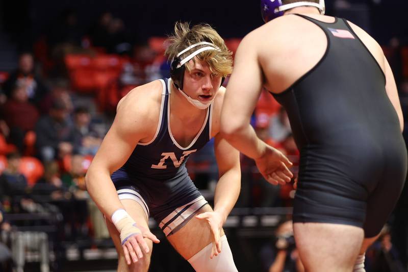 Nazareth’s Gabe Kaminski faces Reed-Custer’s Kody Marschner in the Class 1A 220lb. semifinals at State Farm Center in Champaign. Friday, Feb. 18, 2022, in Champaign.