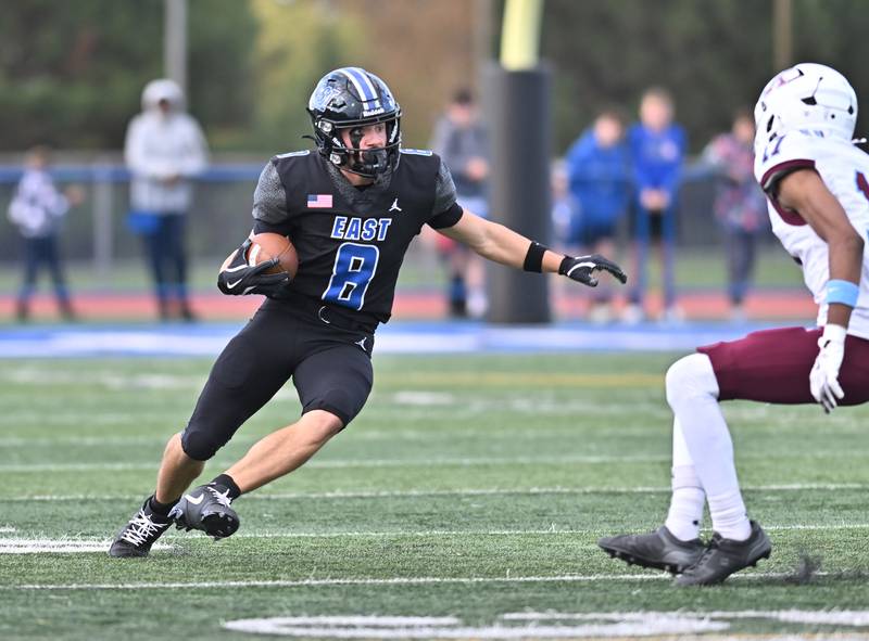 Lincoln Way East's Matt Orban (8) gains yards after a catch during the non-conference game against Kankakee on Friday, Sept. 05, 2025, at Frankfort.