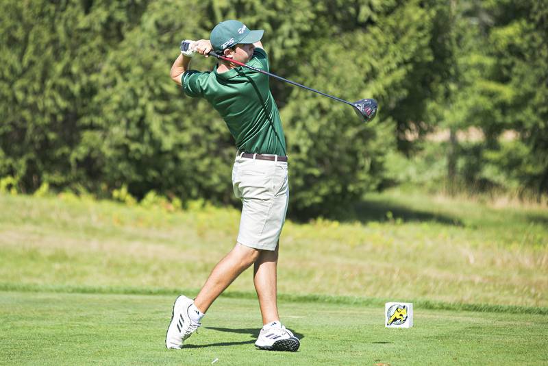 St. Bede's Jake Delaney drives off of the #16 tee during the class A boys golf regionals Wednesday, Sep. 29, 2021 at Byron Hills in Port Byron.