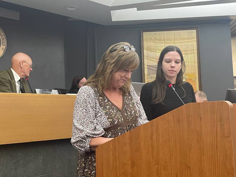 Sandra Knott (left) and Hannah Scoma urged the La Salle County Board at its Monday, Dec. 8, 2025, meeting to reconsider its prohibition on the feeding of feral cats.