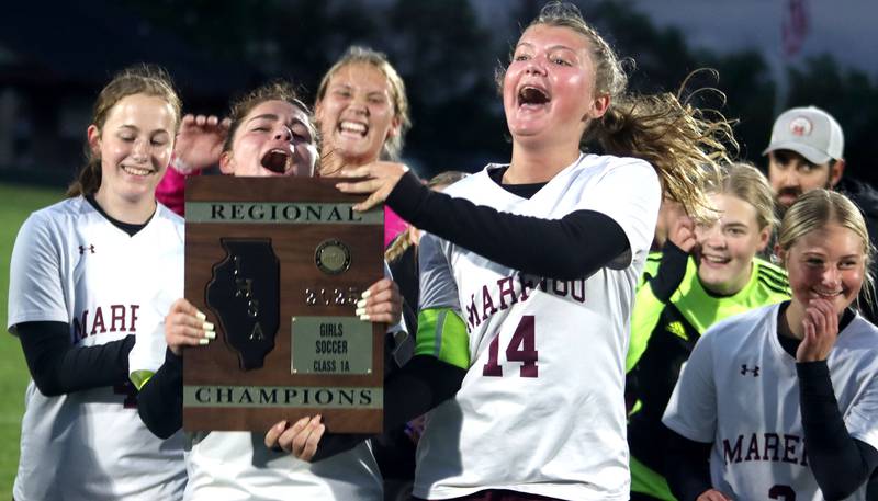 Marengo’s Indians celebrate a 3-2 OT win over Richmond-Burton in IHSA Class 1A Regional Title Game action soccer at Marengo High School in Marengo on Wednesday, May 21, 2025.