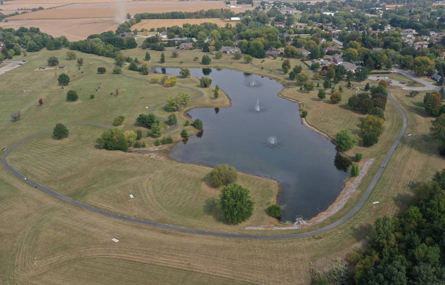An aerial view of the south end of Baker Lake in Peru shows the shoreline beginning to recede on Thursday Sep. 30, 2021. The lake is very shallow due to the lack of precipitation in the last month.