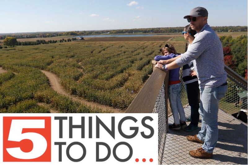 The Tinbbetts family, including Penny, 8, Kim, and Andrew, of Carpentersville, look over the corn maze from the 50-foot observation tower as they enjoy fall activities Monday, Oct. 10, 2022, at Richardson Adventure Farm, 909 English Prairie Road in Spring Grove. This year's corn maze theme is "Jurassic Park."