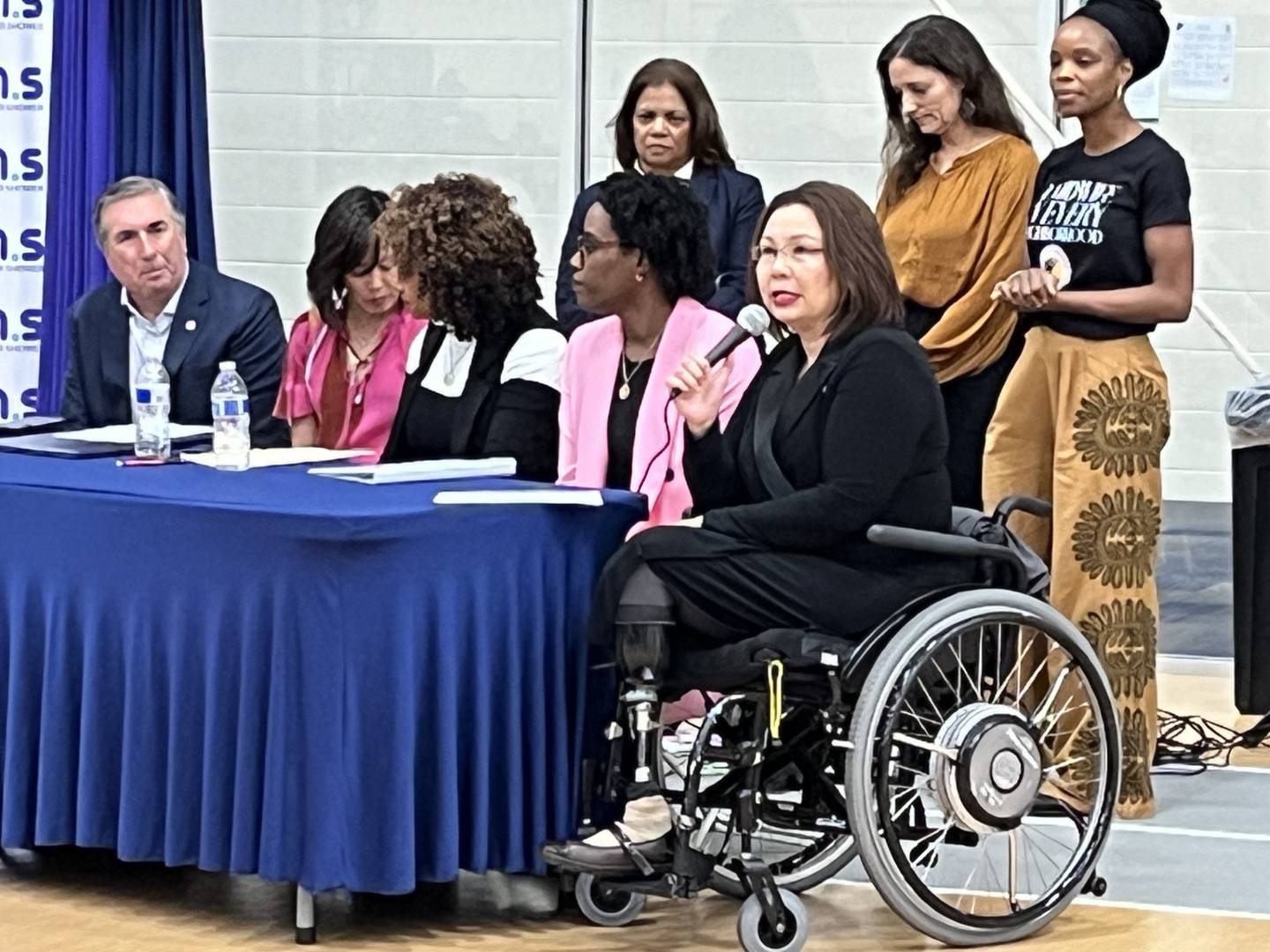 U.S. Sen. Tammy Duckworth speaks with attendees on Sunday, Oct. 13, 2024, for a tour called Maternal Outcomes Matter Showers, or M.O.M.S., in Joliet.