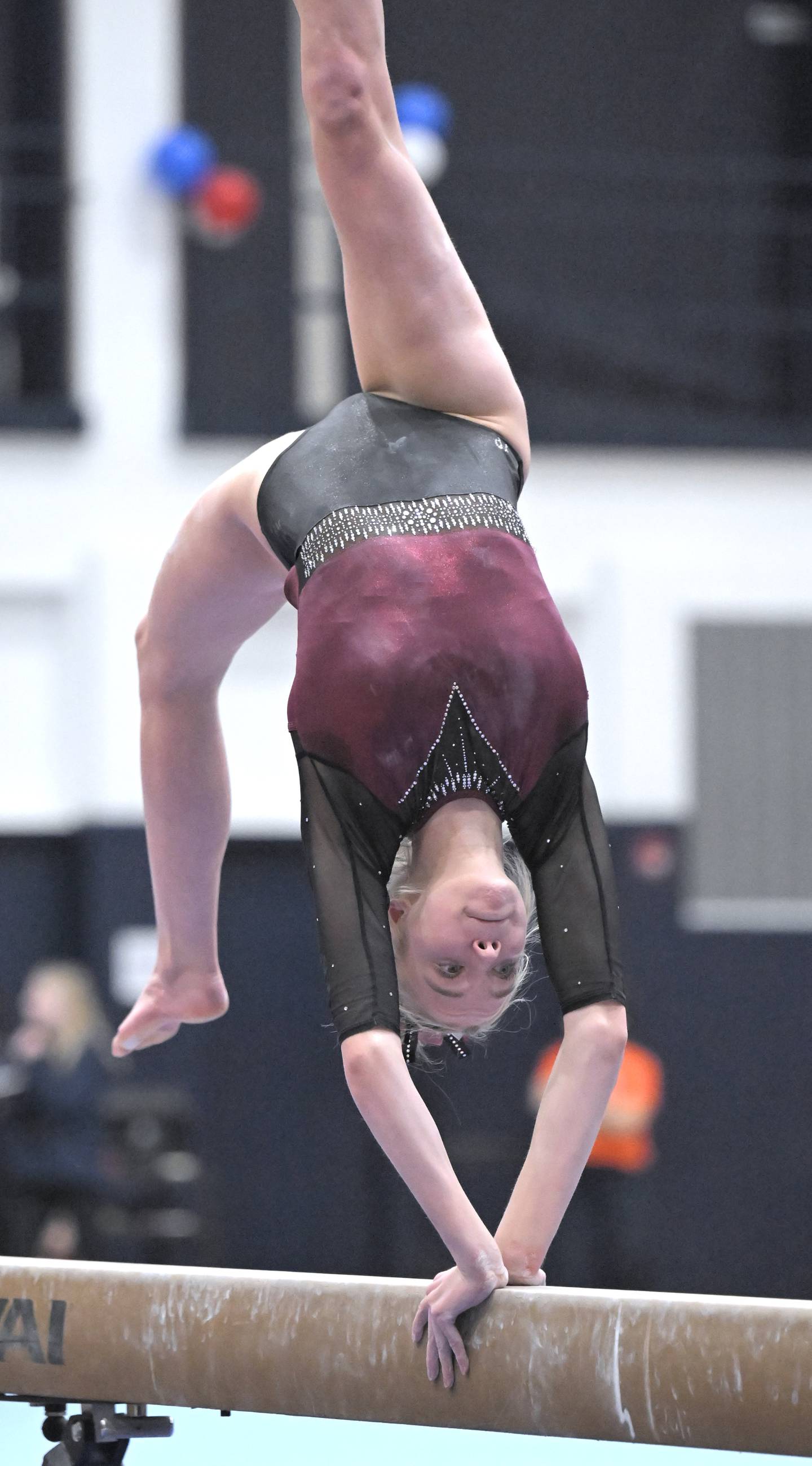 Prairie Ridge’s Bryleigh Cooper on the balance beam at the Conant girls gymnastics sectional meet in Hoffman Estates on Monday, Feb. 9, 2026.
