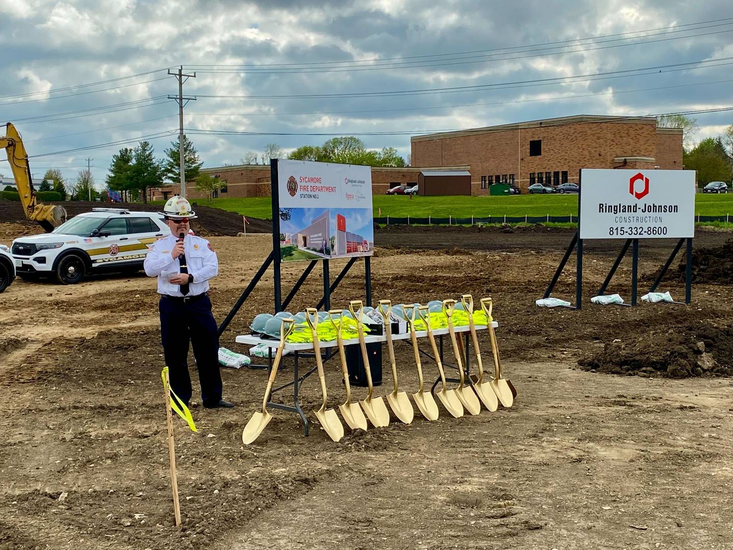 Sycamore Fire Chief Bart Gilmore welcomes the crowd and thanks all who helped make a reality the city's new fire station at a groundbreaking ceremony for the city's new fire station on Monday, May 5, 2025, at 1351 S. Prairie Drive, Sycamore.
