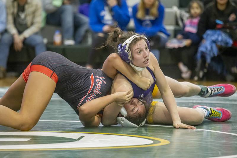 Yamilet Aguirre of Yorkville High School earns her ticket to the state championships while placing second in the 125 weight division at girls wrestling sectionals at Geneseo High School on February 10, 2024.