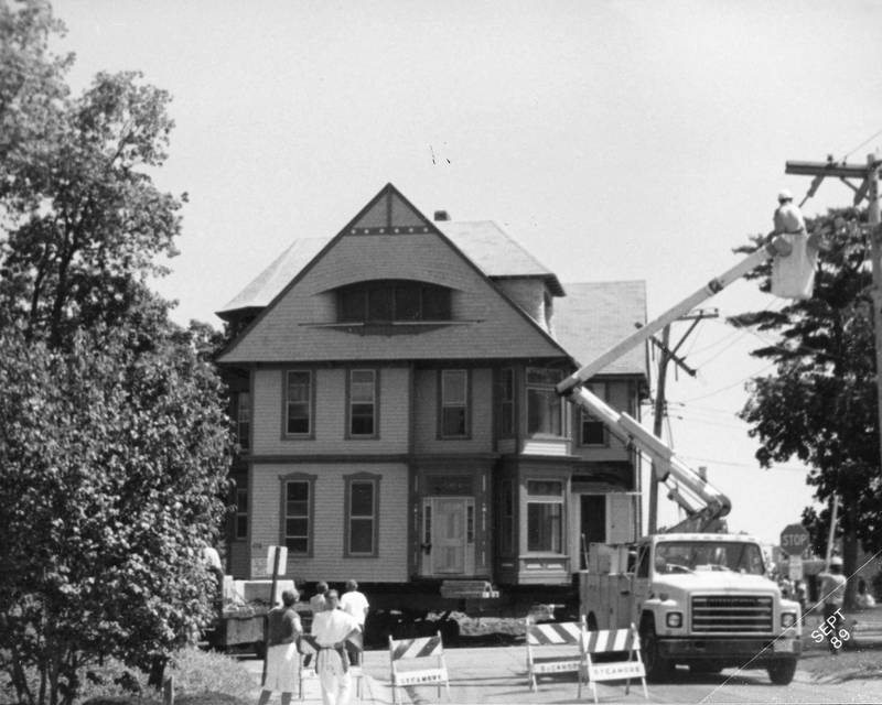 The Margaret Baack home, formerly the James E. Ellwood house, being moved across Somonauk Street in Sycamore in August 1989. The house will be one of the featured homes on the DeKalb County History Center's Historic Homes Tour on Oct. 26.