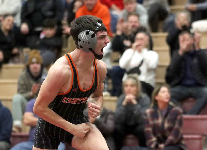 Crystal Lake Central’s Nick Zuehlke celebrates a win over Huntley’s Owen Hurd at 150 pounds in varsity wrestling on Friday, Dec. 13, 2024 at Huntley High School in Huntley.