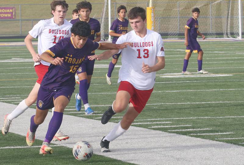 Mendota's Luis Ramirez pushes Streator's Aaron Henson away from the ball on Monday, Sept. 23, 2024 at Mendota High School.