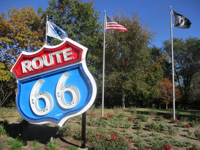 A Route 66 sign that lights at night now marks Joliet's Route 66 Park on Broadway Street. Oct 23, 2024