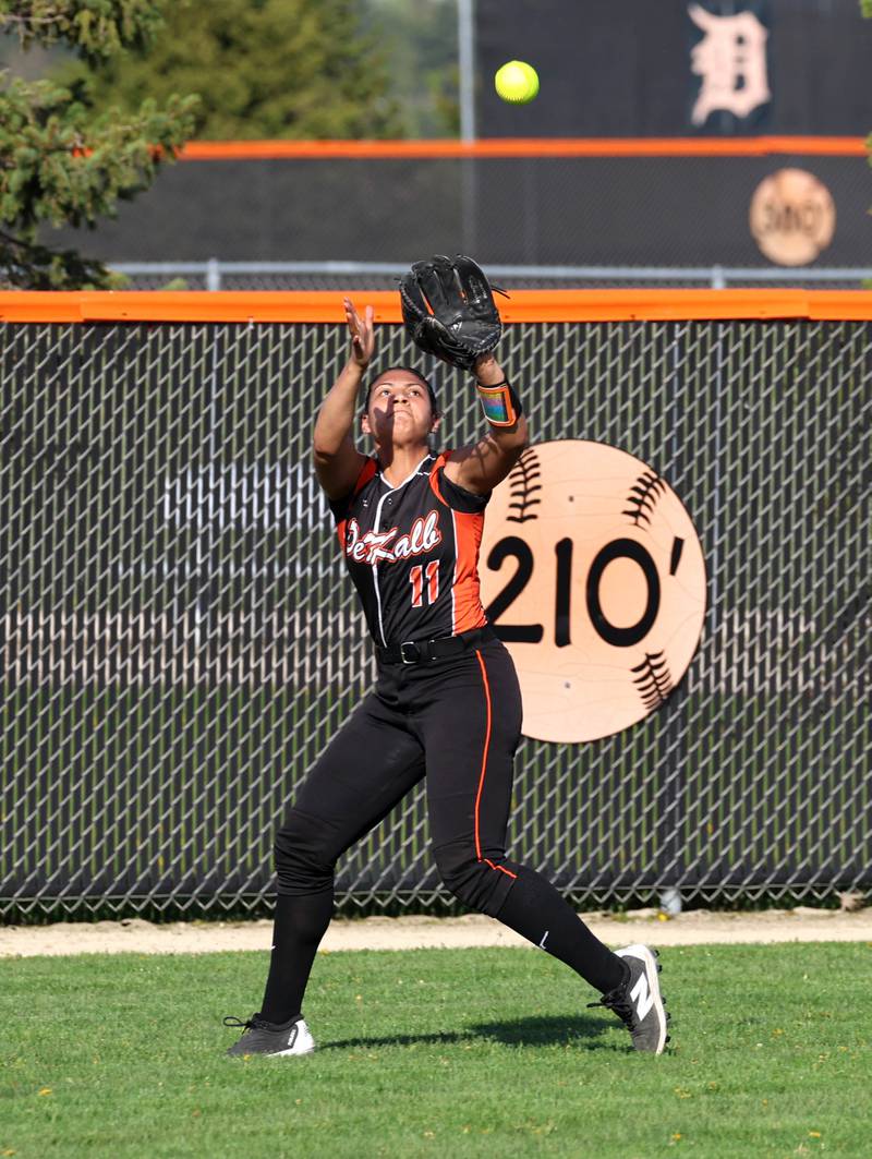 DeKalb's Sydney Miles makes a catch in the outfield Wednesday, April 22, 2026, during their game against Metea Valley at DeKalb High School.