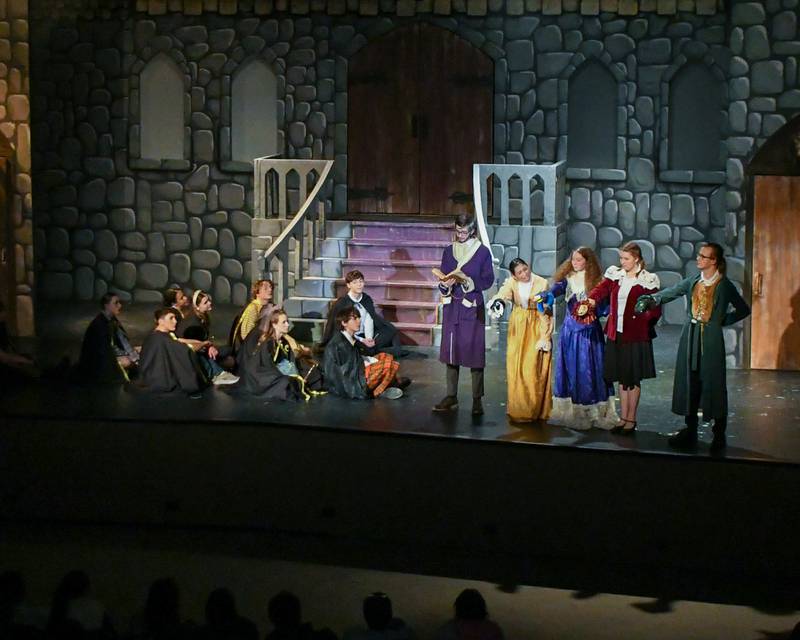 Downers Grove North’s Gabriel Deaton who plays the narrator in the production of Puffs reads a story during the play on Saturday Nov. 23, 2024, held at Downers Grove North’s High School auditorium.