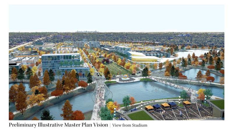 An artist's rendering shows the view from the proposed Chicago Bears stadium at Arlington Park, looking east onto a central green and mixed-use district, with downtown Chicago in the distance.