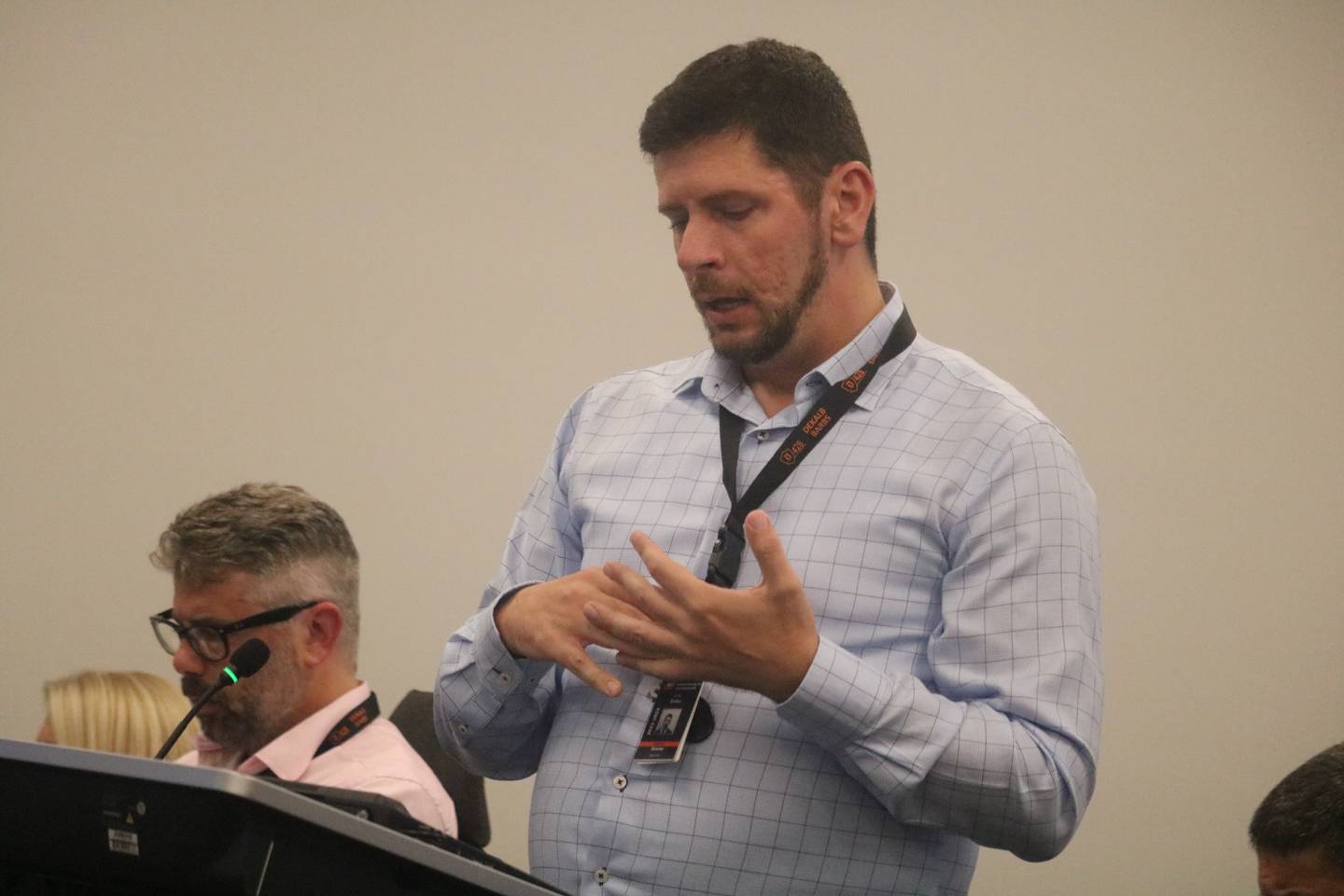Director of Business and Finance Armir Doka speaks at the Aug. 15, 2023 meeting of the DeKalb School District 428 Board meeting.