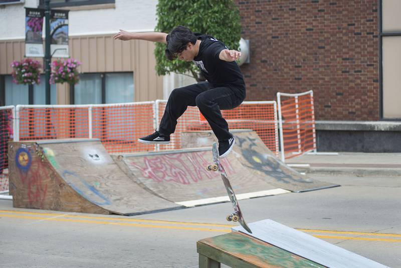 Luis Milan of Rochelle does some skateboarding tricks Saturday, June 11, 2022 in downtown Dixon for Rosbrook Studio’s annual street fair. This is the ninth year for the festival.