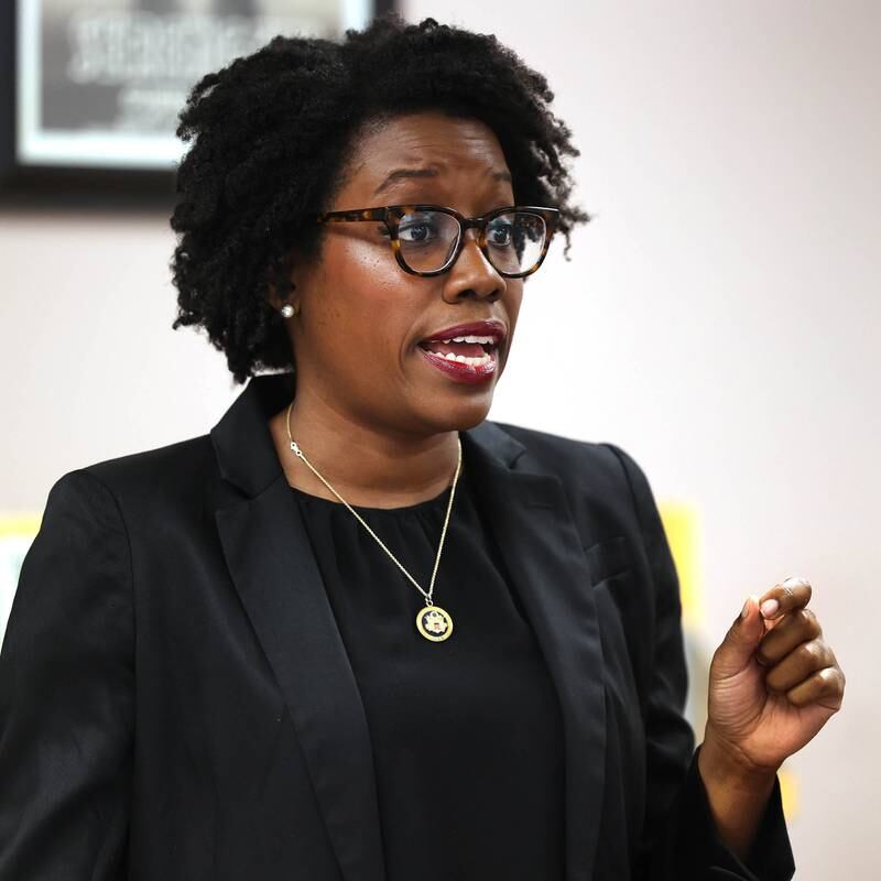 U.S. Rep. Lauren Underwood, D-Naperville, answers a question Monday, Aug. 5, 2024, at the Flewellin Memorial Library in Shabbona during a community conversation regarding the Prairie Band Nation Potawatomi Tribe land transfer.