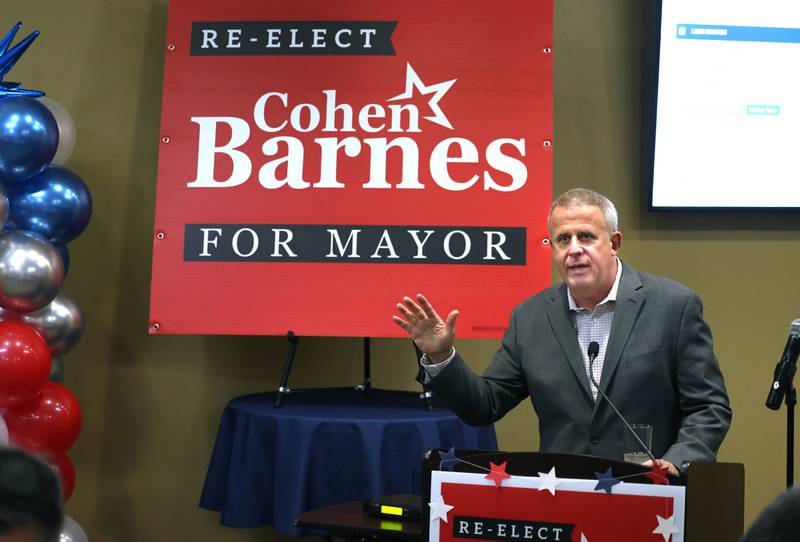 DeKalb Mayor Cohen Barnes, who is running for reelection, talks optimistically as early returns are posted Tuesday, April 1, 2025, during his election night party at Faranda's Banquets in DeKalb.