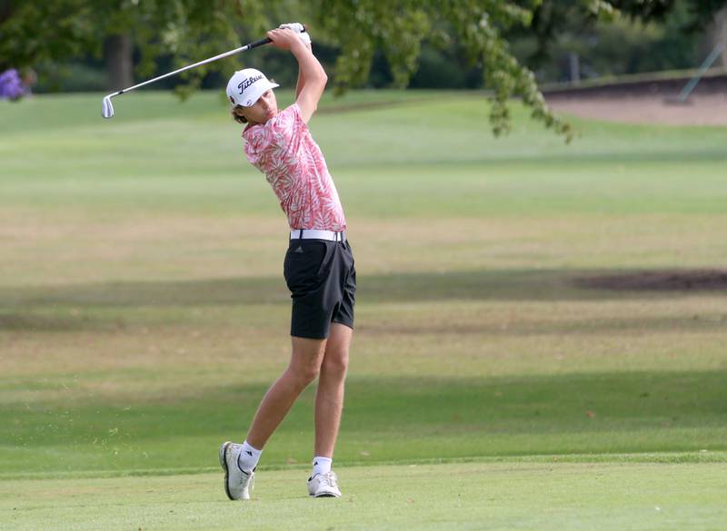 Hall's Joseph Perez tees off on the 6th hole during the Class 1A Regionals on Wednesday, Oct. 1, 2025 at Deer Park Golf Club in Oglesby.